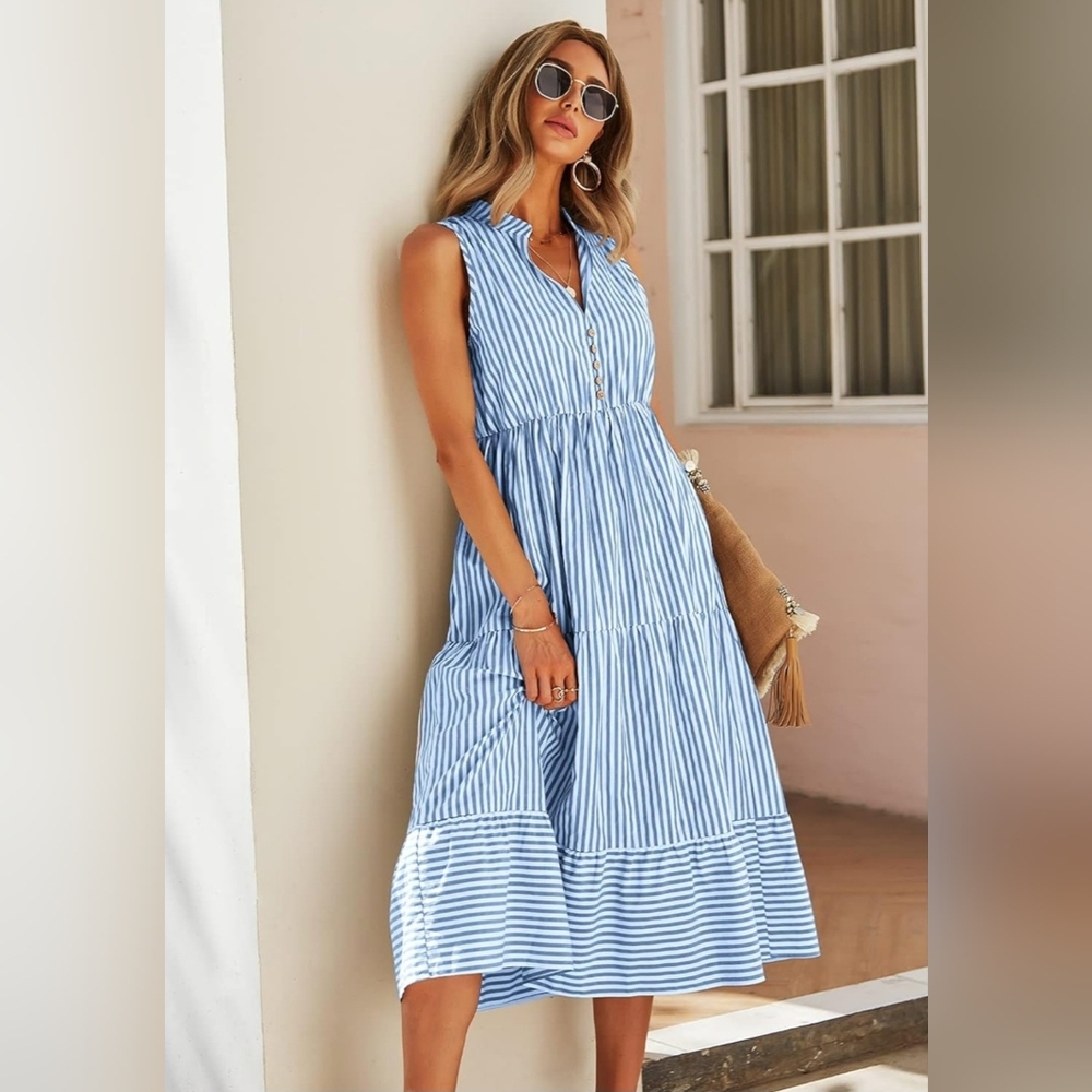 Chic Blue Striped Midi Dress